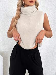 SHEIN Essnce 緊身高領純色背心 - 杏色 - 查看 4