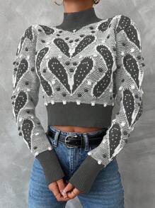 EURMUSE 心形圖案立領毛衣 - 灰色 - 查看 1