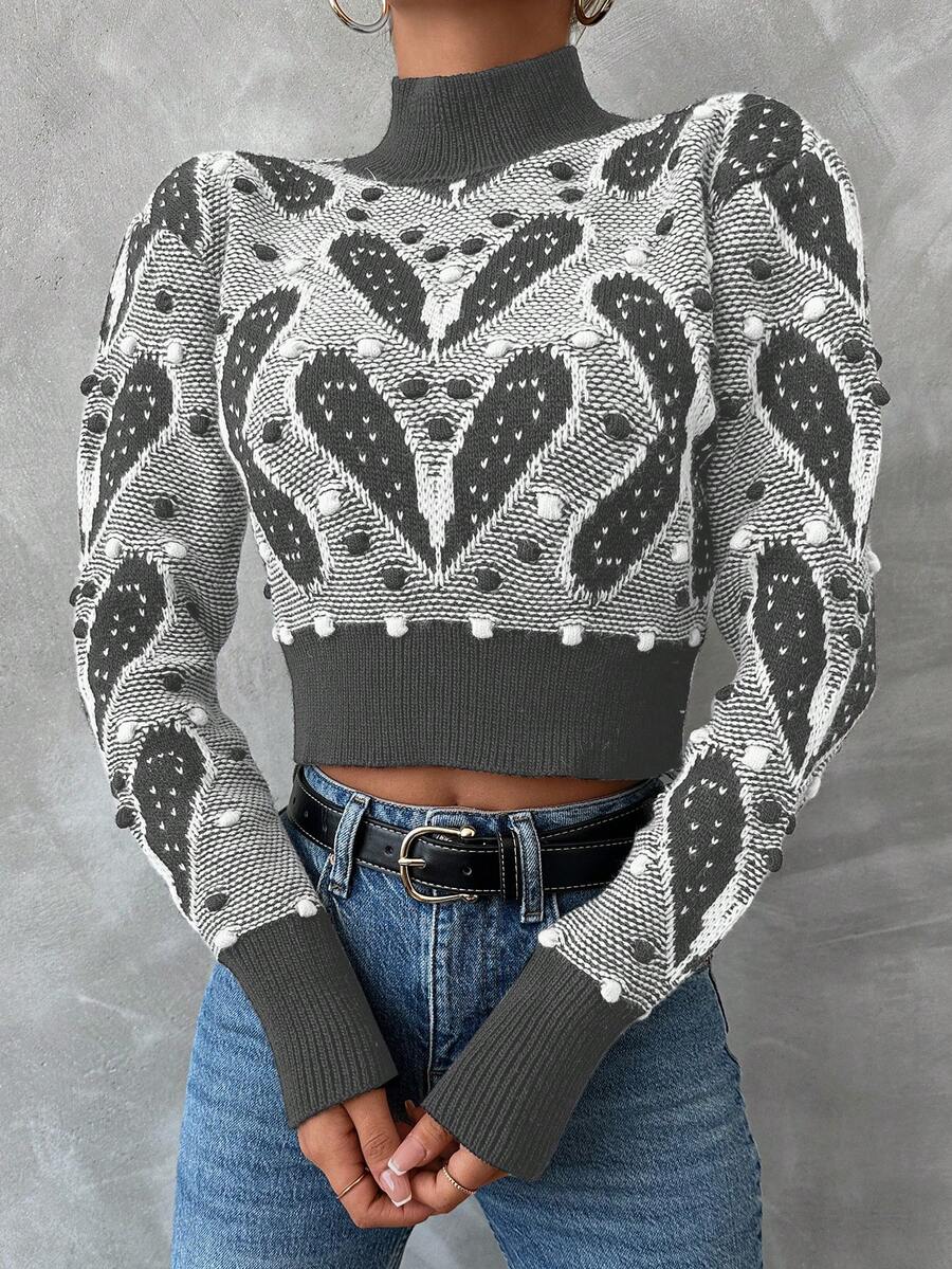 EURMUSE 心形圖案立領毛衣 - 灰色 - 查看 1