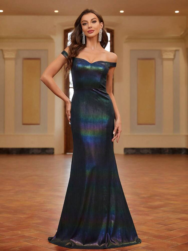 Off Shoulder Mermaid Hem Holographic Formal Dress Evening Dress Gown