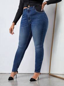 SHEIN SXY 女大尺碼撞色緊身牛仔褲 - 深色水洗藍 - 查看 4