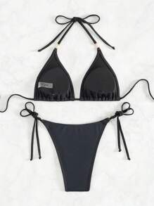 Swim SXY 夏季海滩女士金属扣吊带比基尼套装 - 黑色 - 查看 4