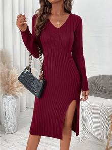 SHEIN Clasi Của phụ nữ Màu thuần Cổ chữ V Thon gọn Tách Áo len dệt kim Đầm - Màu Đỏ Sâu - Xem 5
