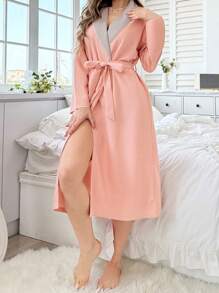 Của phụ nữ Khối màu Cổ bẻ Áo choàng tắm - Hồng - Xem 4
