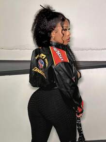 Slaydiva Street Motorcycle Style Women's Short Jacket With Red Flame Pattern Print, Black PU Leather - Black - View 5