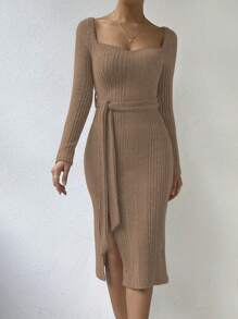 Chiquease Solid Color Dress With Sweetheart Neck, High Side Slit And Belt - Pink - View 1