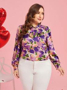 SHEIN Clasi Valentine's Day Plus Size Floral Print Collared Tie Front Shirt