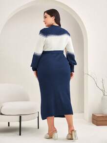 Mulvari 女士加大尺碼色塊長袖連衣裙,腰帶設計 - 寶藍色 - 查看 2