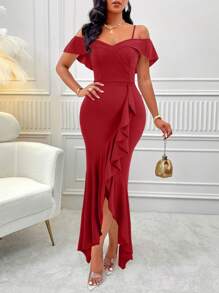 SOLERSUN Vestido de cola de sirena con borde de encaje - Rojo - Ver 4