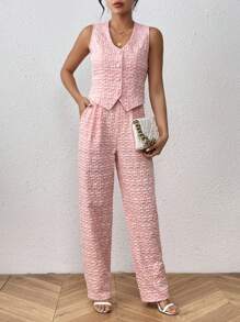 Chiquease Dệt hoa Nút Lên Áo khoác Vest & Quần tây - Hồng - Xem 1