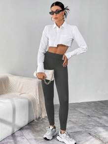 SHEIN Essnce Women's High Waist Thermal Lined Yoga Leggings - Dark Grey - View 4