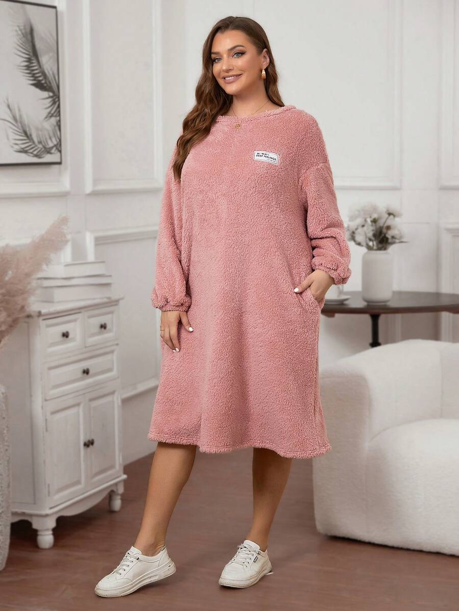 SHEIN LUNE Hơn Thư được vá Thả vai Teddy Đầm - Bụi hồng - Xem 1