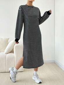 SHEIN EZwear 黑白針織女式長袖連衣裙 - 黑與白 - 查看 4