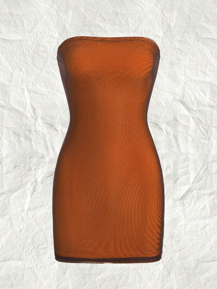 SHEIN EZwear 網狀層疊筒身緊身裙 - 橘色 - 查看 1