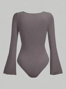 SHEIN Unity Của phụ nữ Tay áo loe Xù Áo liền quần chặt - Xám - Xem 2