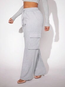 SHEIN SXY Quần bó sát eo dây rút có túi nắp ở hai bên - Xám - Xem 3