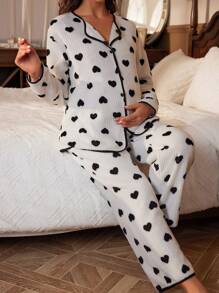 SHEIN Thai sản Hình trái tim Tương phản ràng buộc Flannel Bộ PJ - Đen và trắng - Xem 3
