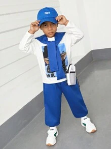 Young Boy Slogan and Angel Print Tee & Sweatpants & Tie Front Shawl - Blue - View 5