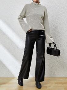 SHEIN Essnce Stand Collar Vertical Striped T-shirt - Black and White - View 6