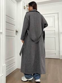 SHEIN Unity Women's Casual Notched Collar Double-Breasted Overcoat, Autumn - Black - View 2