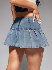 SHEIN EZwear Quý cô Váy Denim Với Xếp Và Denim mùa giặt Hiệu ứng - Rửa nhẹ - Xem 3