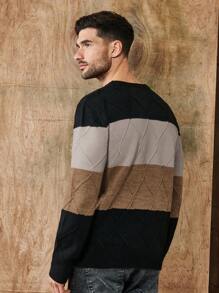 SHEIN Cottnline Men's Color Block Diamond Check Knitted Sweater - Khaki - View 4