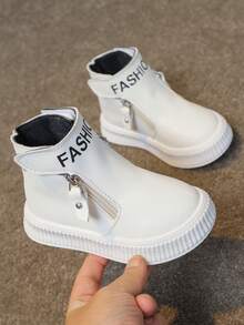 Children's Boots, Fashionable & Casual Autumn New Flat Ankle Boots For Girls, Solid Color, Low-Cut, Hook And Loop, Unisex Everyday Simple Round-Toe Boots With Side Zipper - White - View 9