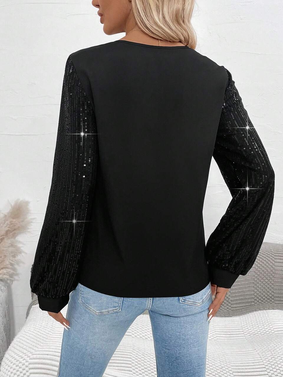 Women's Glitter Trim Long Sleeve V-Neck Shirt Fall Cloth For Women
