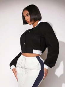 SHEIN SXY 性感俱樂部外套,秋冬時尚女士短羊毛外套,彩色拼縫設計 - 黑與白 - 查看 7