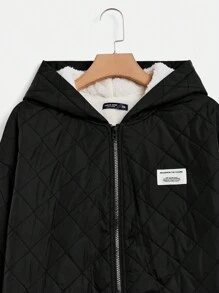 SHEIN EZwear Plus Letter Patched Drop Shoulder Zipper Hooded Quilted Coat - Black - View 4