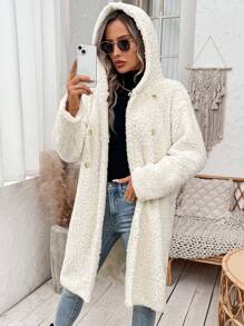 SHEIN Essnce Double Breasted Hooded Teddy Coat - Apricot - View 4