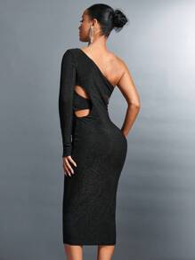 SHEIN BAE Women's Thanksgiving & Christmas Party Hollow Out Simple Design Charming & Elegant One-shoulder Dress - Black - View 2