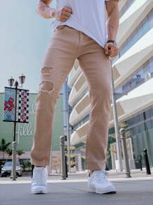 Manfinity Roghcode Men's Straight Leg Jeans With Distressed Holes And Frayed Hem