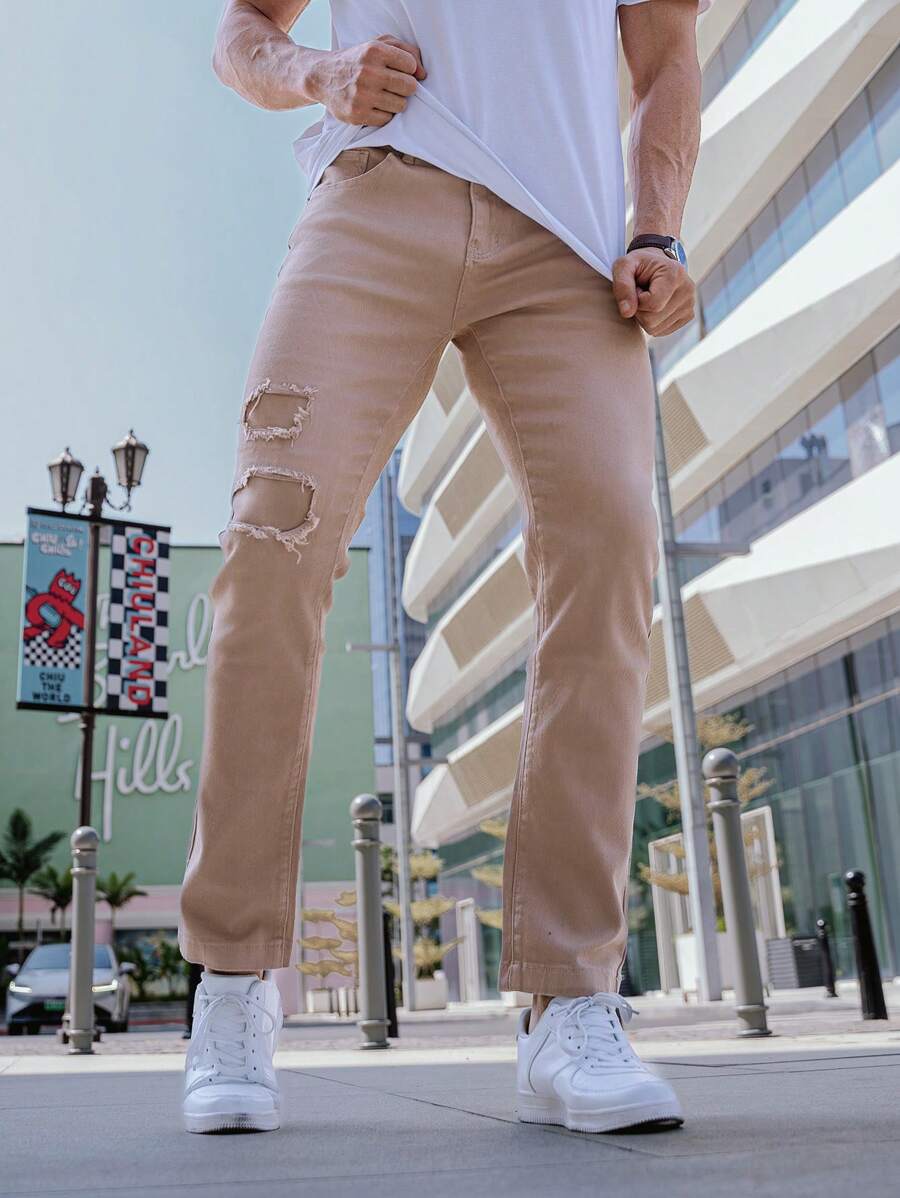 Manfinity Roghcode Men's Straight Leg Jeans With Distressed Holes And Frayed Hem