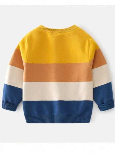 Young Boys Casual Colorblock Cartoon Animal Pattern Knitted Sweater, Autumn/Winter