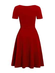 Peter Pan Collar Solid Dress - Red - View 2
