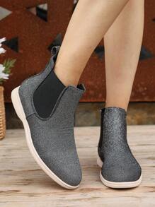 Women's Elegant Chelsea Boots, Fall/winter, Thin Plush Lining, Elastic Design, Flat Sole, Shiny Look, Ankle Boots