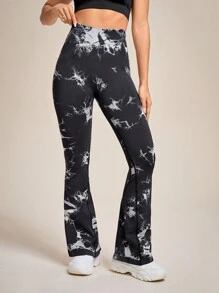 SHEIN Sports Tie-dye Flare Pants Sports Leggings - Black and White - View 3