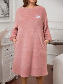 SHEIN LUNE Hơn Thư được vá Thả vai Teddy Đầm - Bụi hồng - Xem 3