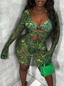 Slaydiva 蛇纹印花镂空扭结前襟紧身连衣裙 - 彩色 - 查看 2