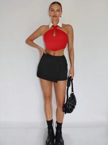 SHEINNeu 拼接領露背掛脖上衣 - 紅色 - 查看 4