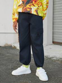SHEIN Boys' Solid Color Cargo Pants - Navy Blue - View 6