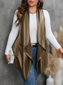 SHEIN LUNE Plus Draped Front PU Leather Vest Coat - Brown - View 1
