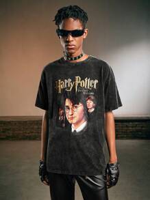 ROMWE MEN Harry Potter | ROMWE Men Movie Character Lettering Printed Short-Sleeved T-Shirt - Black - View 3