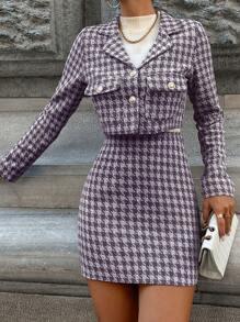 SHEIN Cottnline Ladies' Houndstooth Blazer And Pants Set With Flap Pockets - Navy Blue - View 6