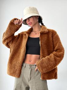 RueChic Kvinnors Regenbunden Passform Teddy Fleece Nedhasade aclar Jackor - Brun - Visa 4