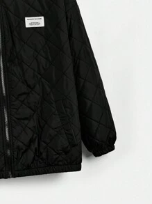 SHEIN EZwear Plus Letter Patched Drop Shoulder Zipper Hooded Quilted Coat - Black - View 3