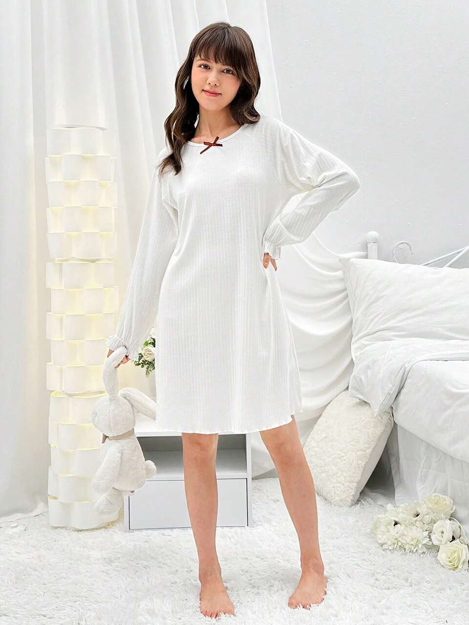 Teen Girls Minimalist Solid Color Ribbed Bow Decor Nightgown