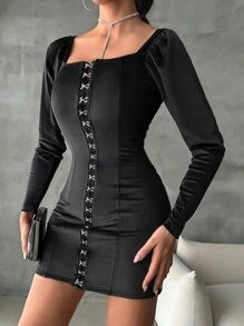 EURMUSE Hook And Eye Square Neck Bodycon Dress - Black - View 4