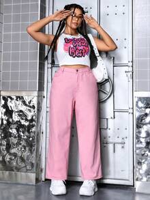 SHEIN EZwear Plus Size Solid Color Denim Pants - Baby Pink - View 3